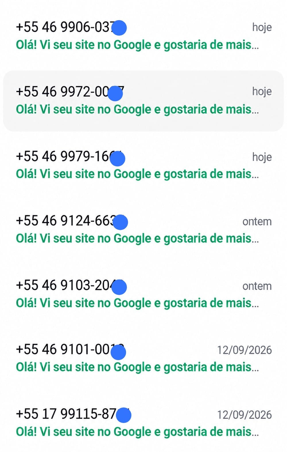 Contatos originados pela busca — registro real fornecido pela Agência WW